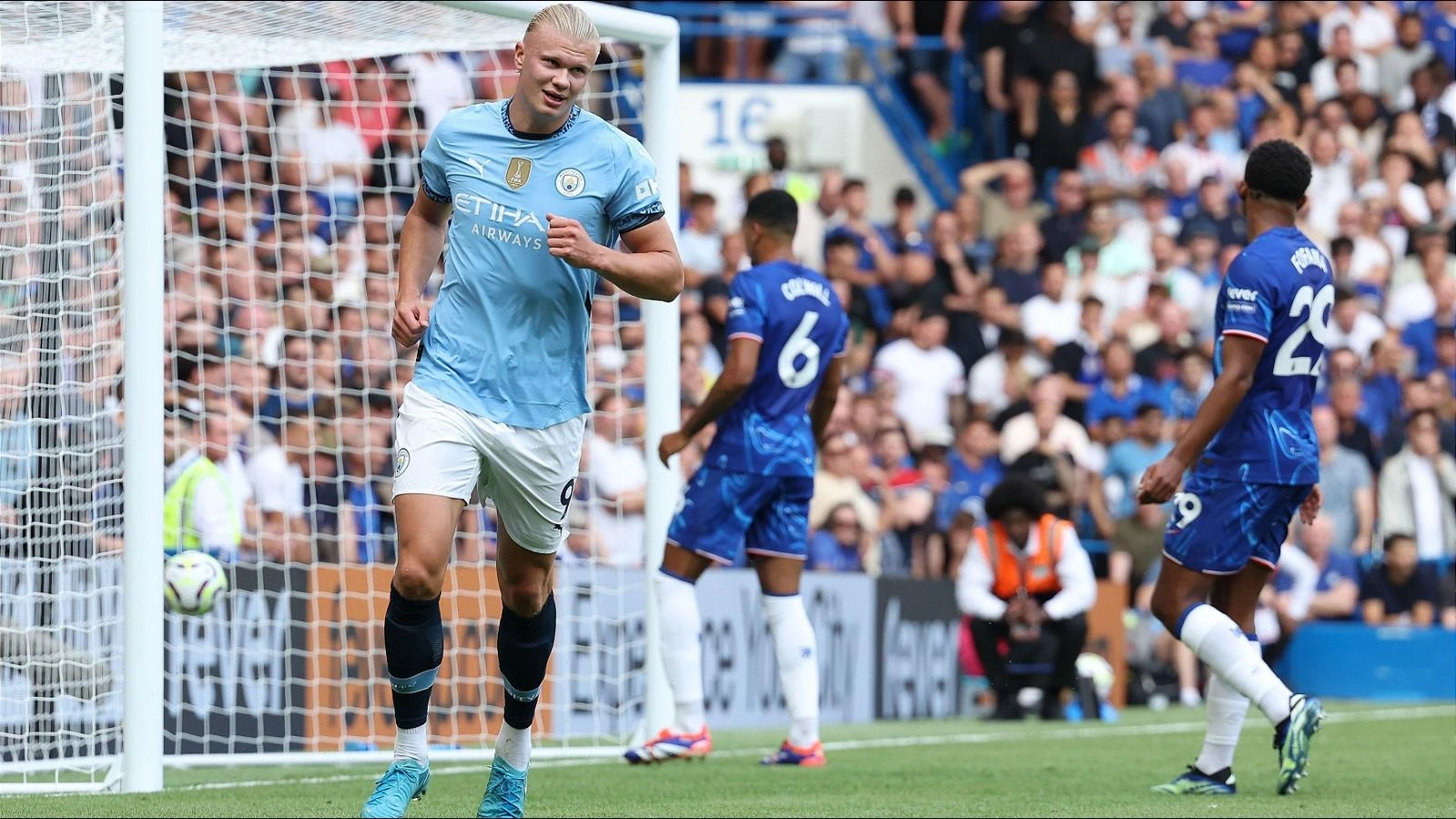 Erling Haaland celebrates after scoring for Man City