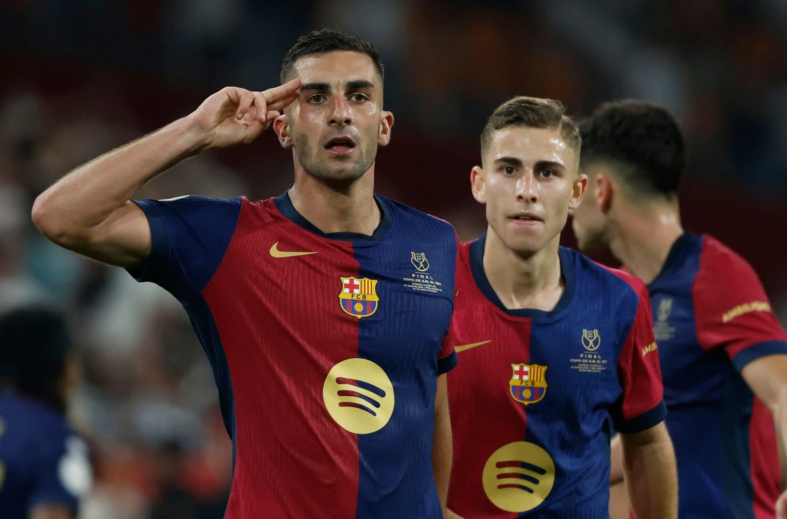 Barcelona's Ferran Torres celebrates after scoring his side's second goal during the Spanish Copa del Rey final