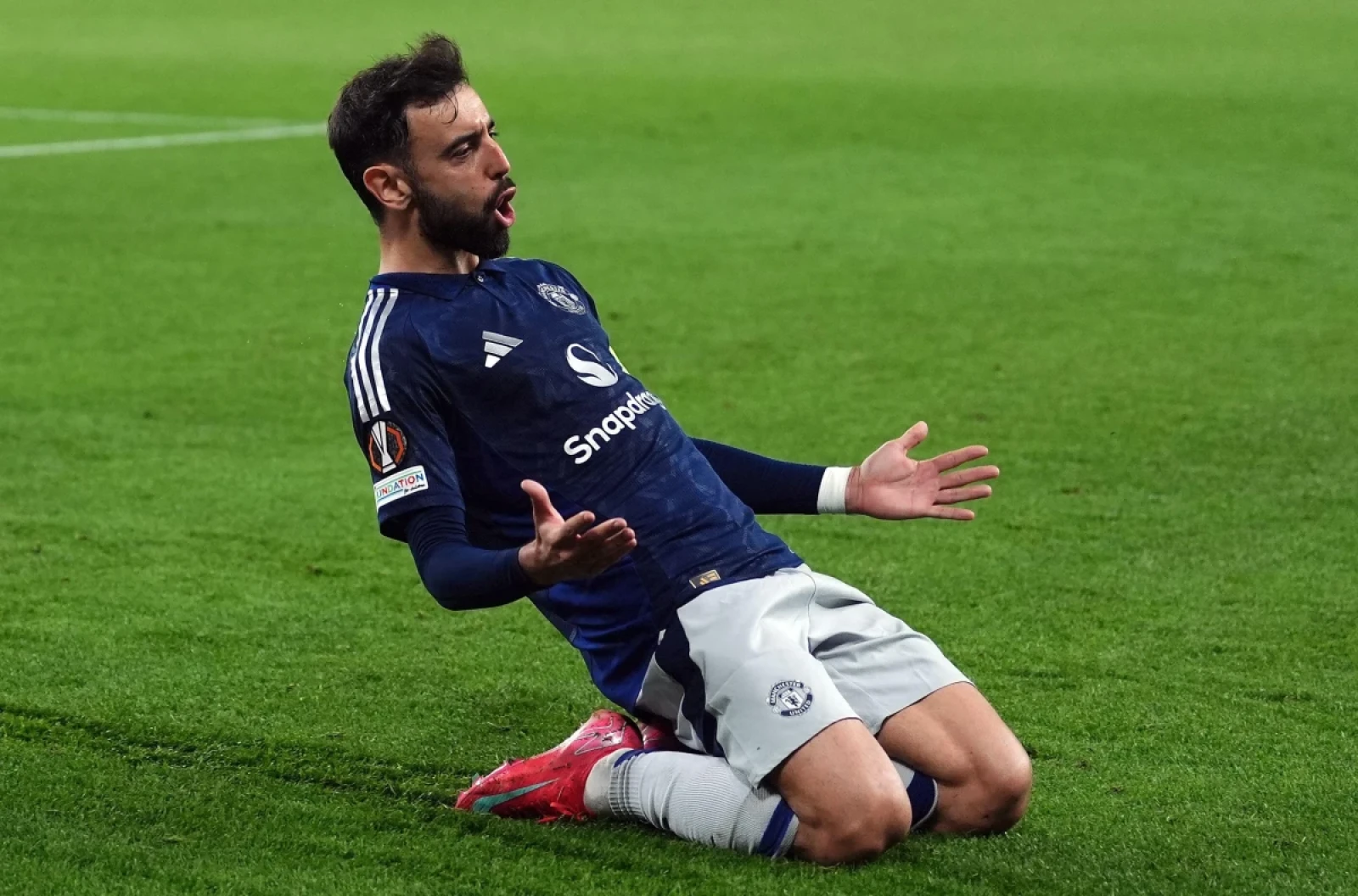 Manchester United's Bruno Fernandes celebrates scoring their side's second goal of the game during the UEFA Europa League semi-final first leg match