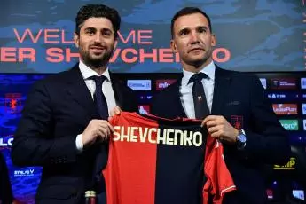 Josh Wander of 777 Partners, CFC Genoa's new head coach,Andriy Shevchenko, during his presentation at Luigi Ferraris stadium in Genoa, Italy, 10 November 2021.