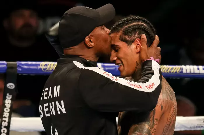 Conor Benn (right) celebrates with Nigel Benn after his WBA Continental Welterweight title bout with Steve Jamoye (not pictured) at the O2 Arena, London.