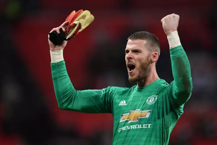 David De Gea celebrates after Manchester United beat Tottenham 1-0 at Wembley in 2019