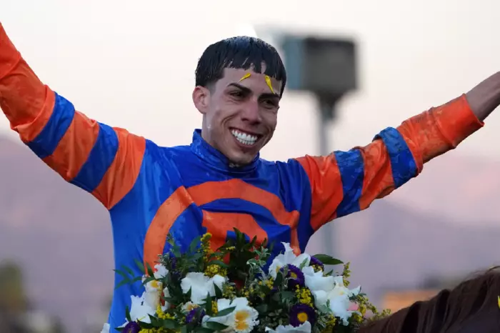 Jockey Irad Ortiz Jr celebrates winning the Breeders Cup Classic on 2nd November 2019 at Santa Anita Park in Arcadia, California. Credit Adam Davis/Icon SMI via ZUMA Press
