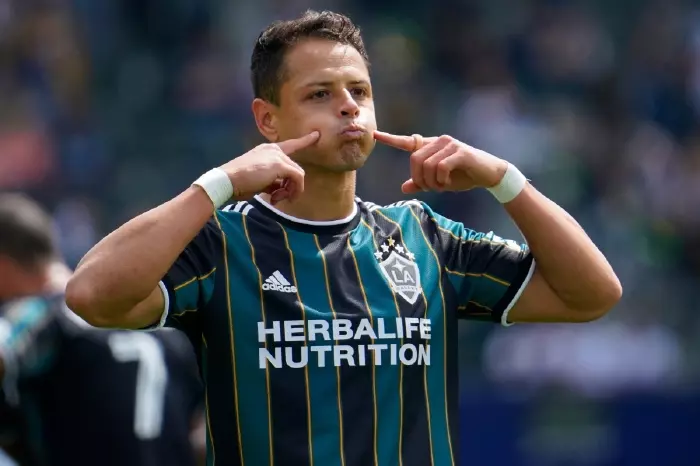 Javier Hernandez celebrates after scoring a hattrick against New York Red Bulls