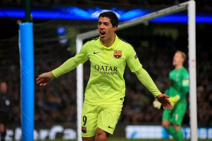 Luis Suarez celebrates a goal against Manchester City in the Champions League in February 2015