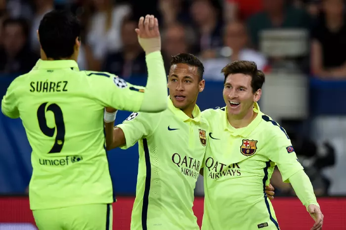 Barcelona's trio of Lionel Messi, Luis Suarez and Neymar, celebrate against PSG at Parc des Princes in Paris, France on April 15 2015
