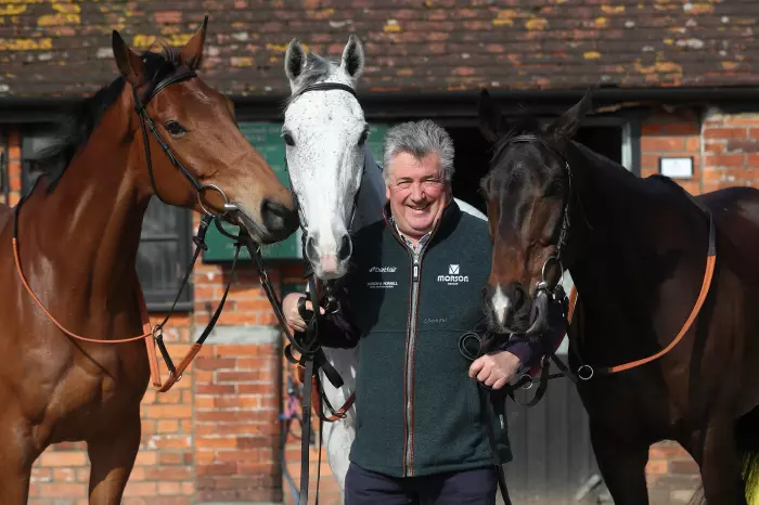 Paul Nicholls with (left to right) Bravemansgame, Politologue and Frodon during a stable visit at Manor Farm Stables, Ditcheat. Issue date: Tuesday March 2, 2021.
