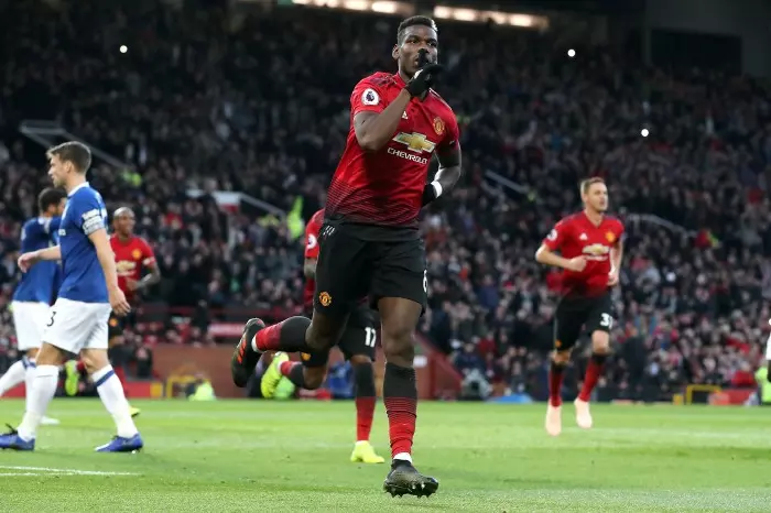 Paul Pogba celebrates a goal for Manchester United against Everton in 2018
