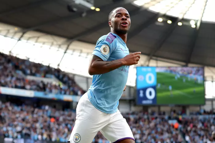 Raheem Sterling celebrates a goal against Tottenham in the Premier League in 2019