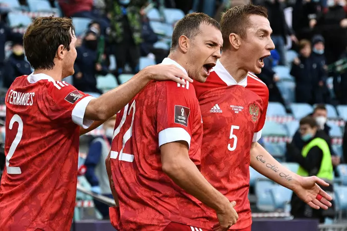 The qualifying match of the 2022 FIFA World Cup between the national teams of Russia and Slovenia at the Fisht stadium
