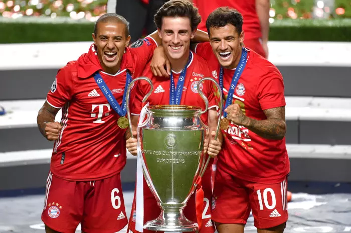 Bayern Munich's Thiago Alcantara, Alvaro Odriozola and Philippe Coutinho with 2020 Champions League Trophy