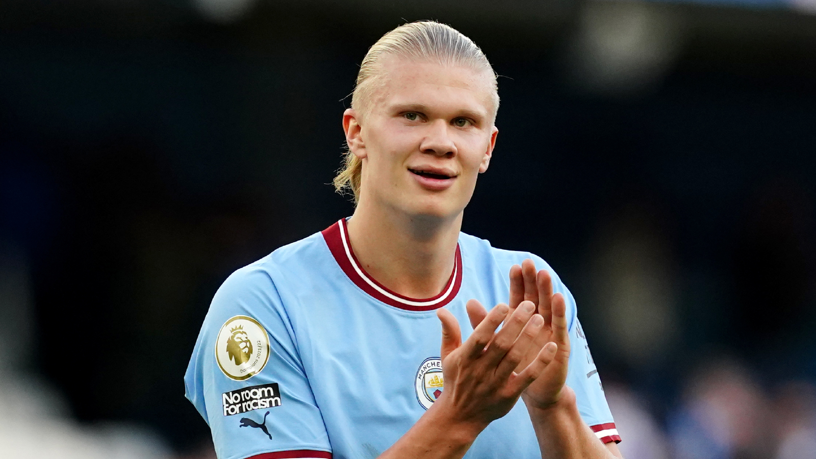  Erling Haaland, a Norwegian professional footballer who plays as a striker for Premier League club Manchester City and the Norway national team, celebrates after scoring a goal during a match.